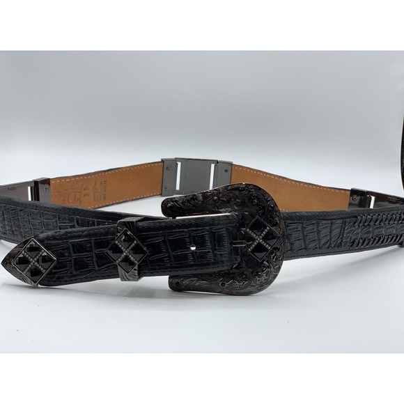 Vintage Donaldo Women's Size 36 Black Leather Tooled Embellished Western Belt - Picture 4 of 11